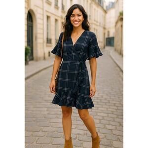 Sea New York Navy Grid Plaid Wrap Dress Size M (40.5" bust, 36" length)